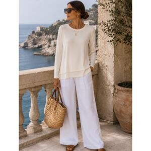 Eileen Fisher 100% Silk Layered Hem Top Cream Quiet Luxury Coastal Chic Size M